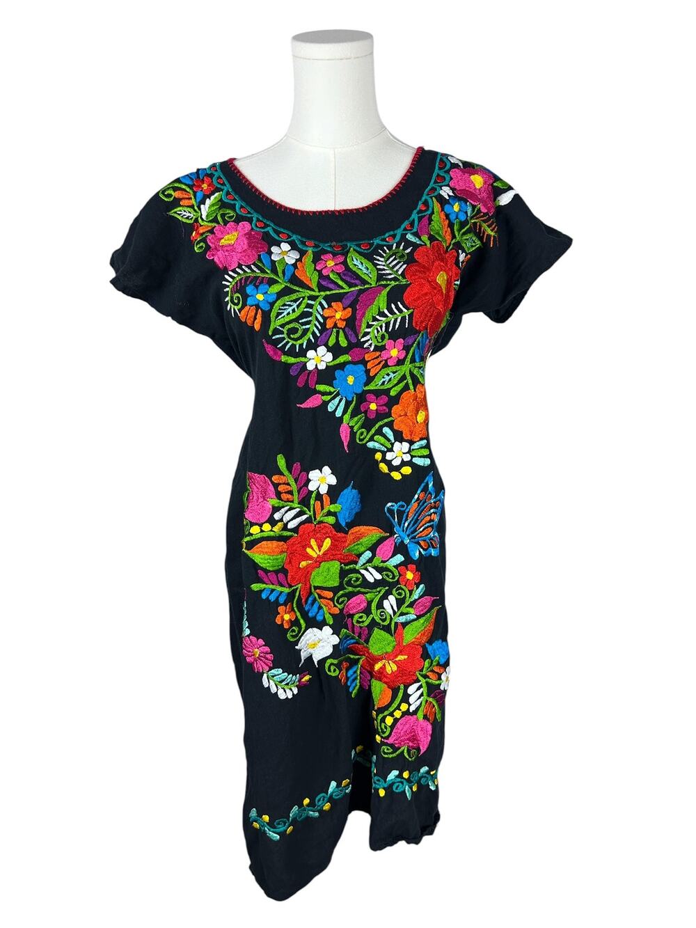 Vintage Oaxaca 90s Cotton Multi Color Vibrant Floral Embroidered Midi Dress M